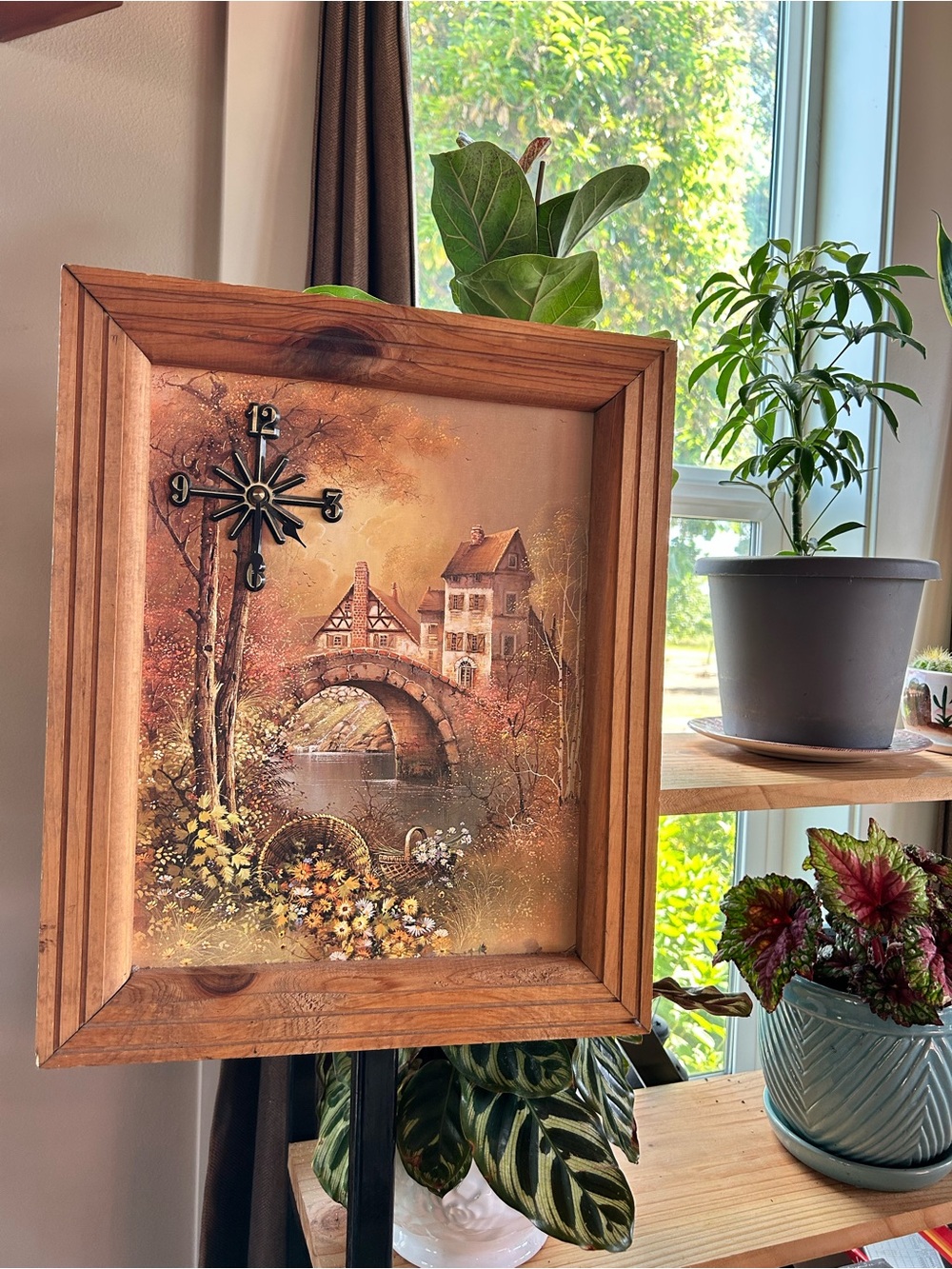 Vintage mcm Rustic Wooden Framed Landscape Wall Art with Clock